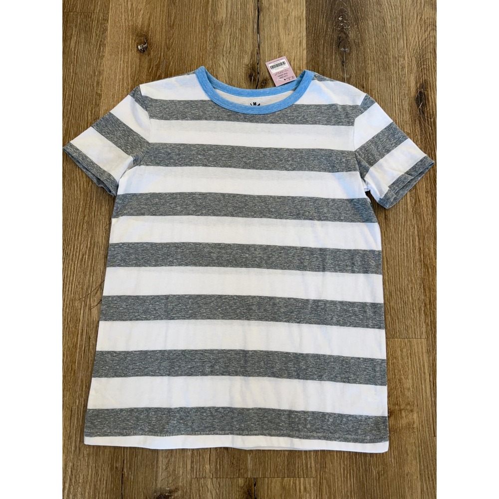 Primary Stripe Tee Kids 14 Heather Gray White Blue Ringer Crew Neck‎ NWT
